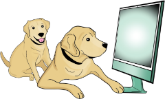 Always Processing Logo: Two yellow English Labradors resting next to a green iMac