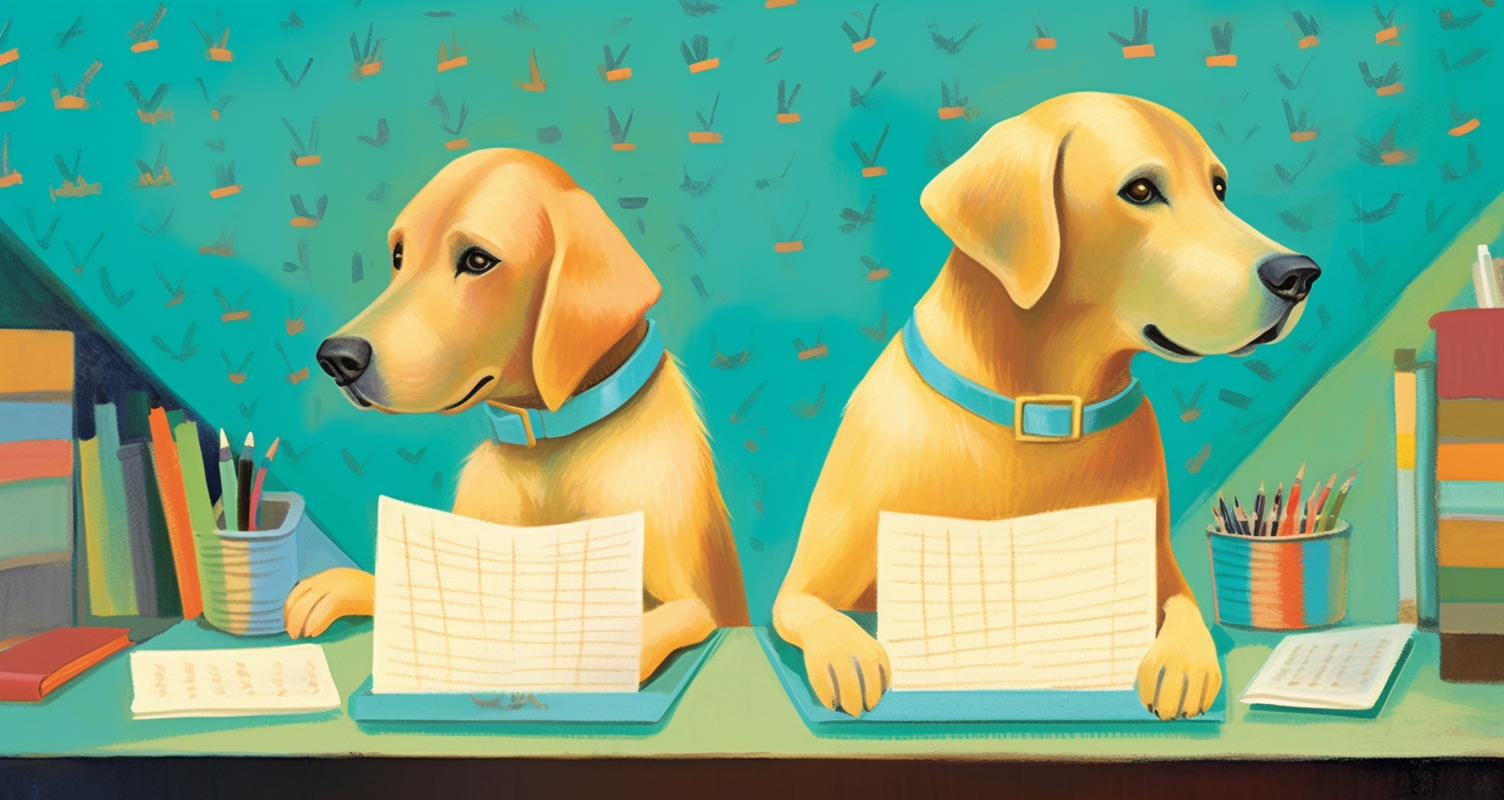 Two yellow English Labradors on a work table reviewing lists of features and changes.