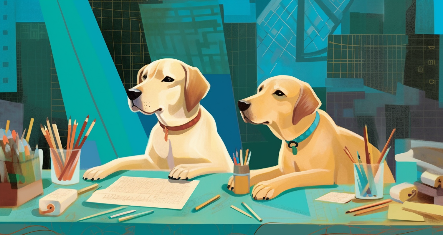 Two yellow English Labradors on a work table with pencils, paper, and other design instruments.