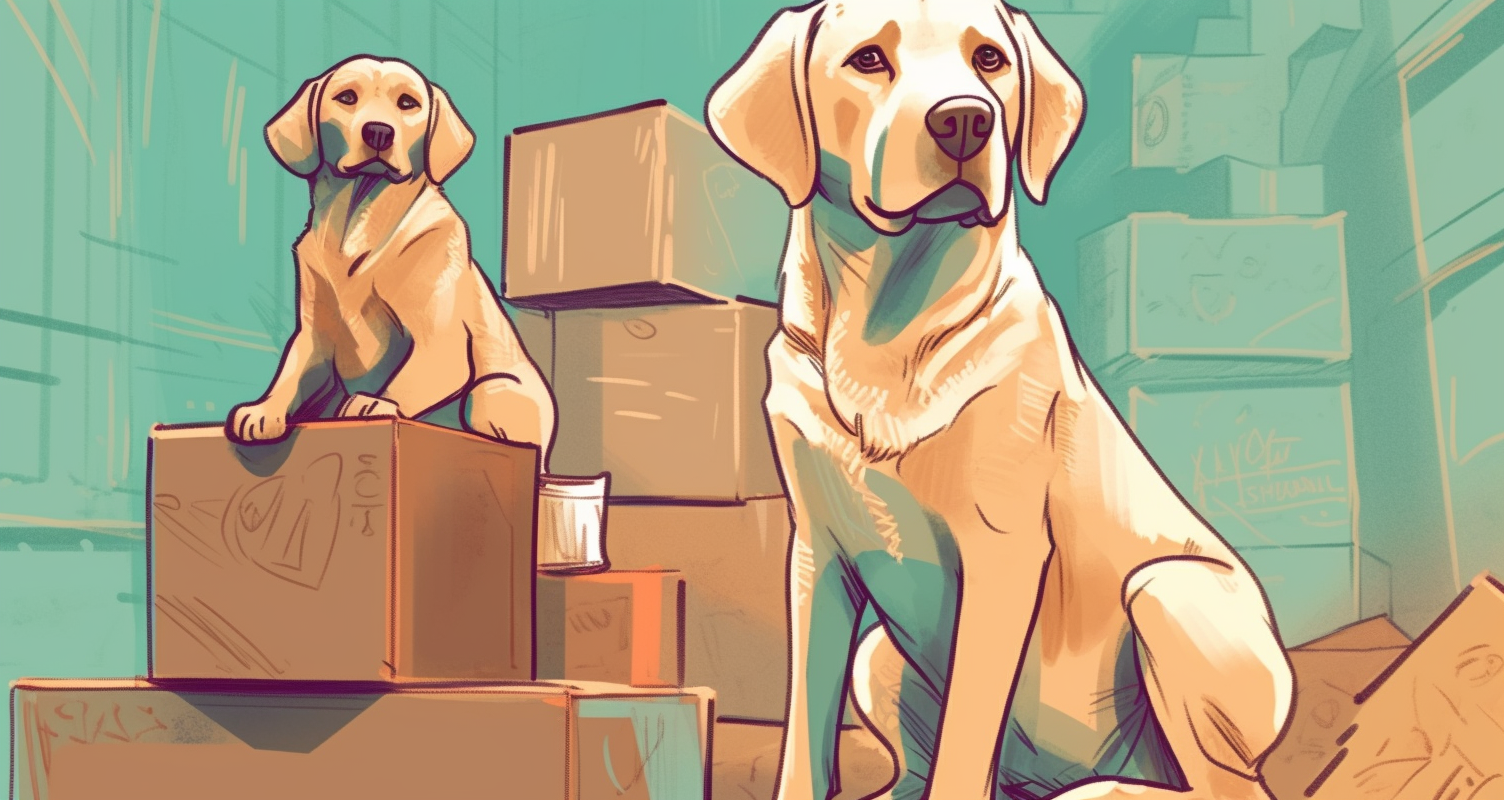 Two yellow English Labradors sitting in room with many boxes. Can they rearrange the boxes without breaking anything?