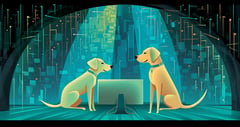 Two Labradors sitting in front of a computer under a bridge. Presumably they are avoiding a toll.