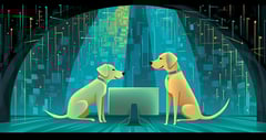 Two Labradors sitting in front of a computer under a bridge. Presumably they are avoiding a toll.
