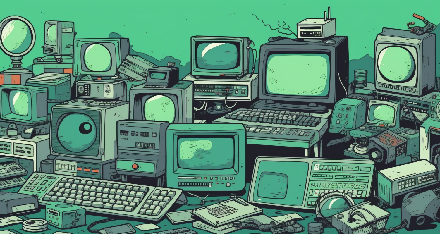 A scene of old computers and peripherals haphazardly arranged to be somewhat usable.