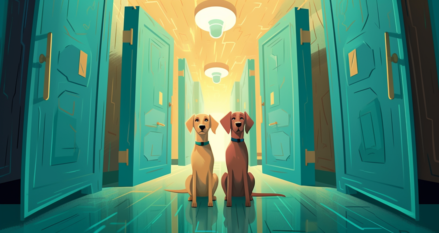 Two dogs sitting in a long hallway with many different doors. Which variant will they choose?