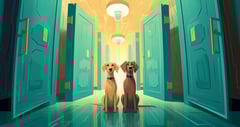 Two dogs sitting in a long hallway with many different doors. Which variant will they choose?