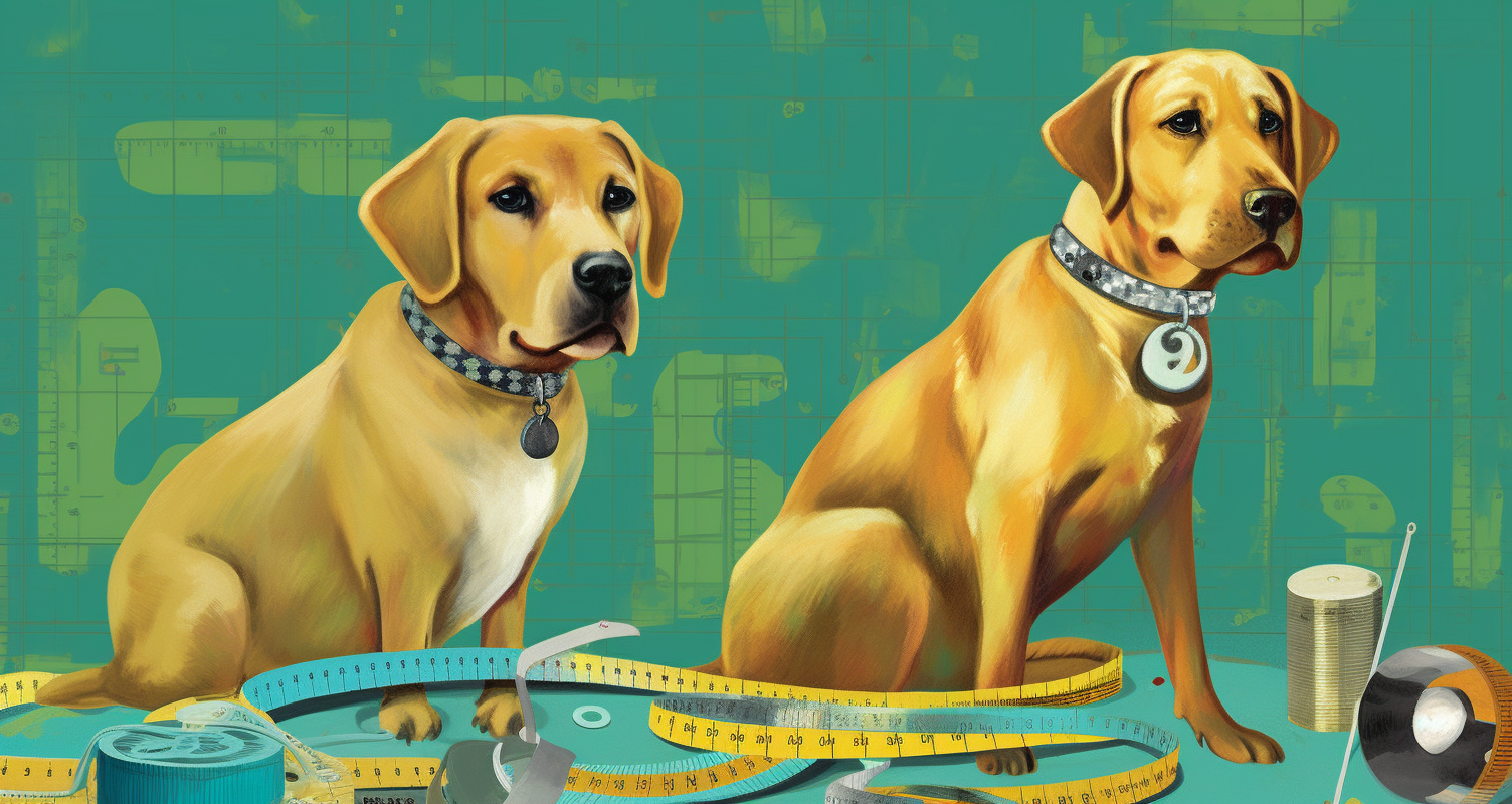 Two yellow/golden dogs sitting in a room with various measuring tapes strewn around.